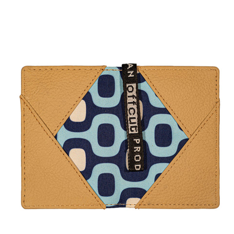 Beige Leather Card Wallet With Blue Geometric Lining