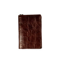 Brown Croco Leather Card Wallet With Cream Glitch Pattern Fabric