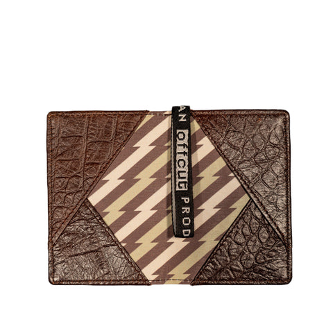 Brown Croco Leather Card Wallet With Cream Glitch Pattern Fabric