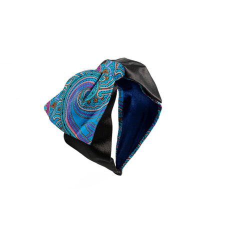 Hairband with Dual Colour And Single Bow - Blue Paisley and Black