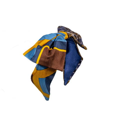 Hairband with Dual Colour And Single Bow - Mustard, Blue And Brown