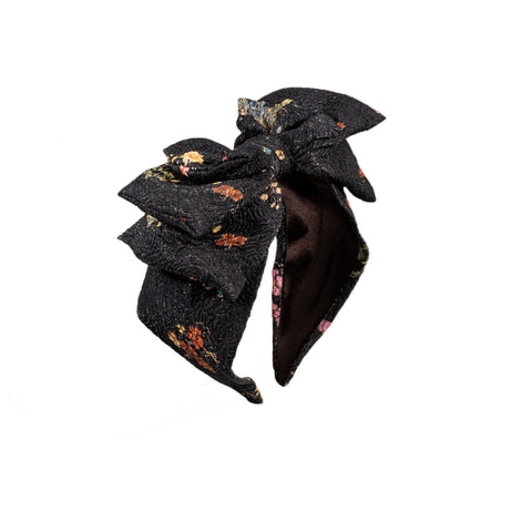 Hairband with Three Bows - Multi Colour Floral Print On Black