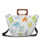 Structured Tote Bag with Wooden Handles - Multicolor Bookprint On White