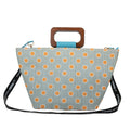 Structured Tote Bag with Wooden Handles - White And Orange Circle On Blue