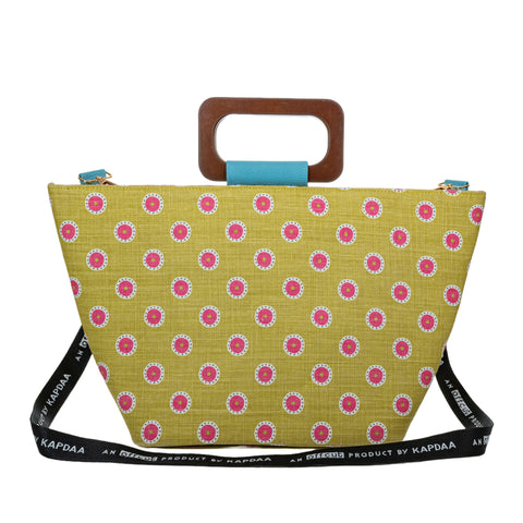 Structured Tote Bag with Wooden Handles - White And Red Circle On Green