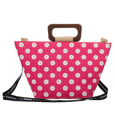 Structured Tote Bag with Wooden Handles - White Circle On Red