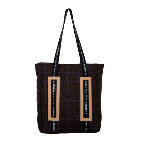 Tote Bag - Brown with Beige Leather Purple Lines